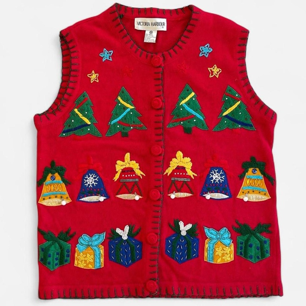 Vintage Victoria Harbour Red Knit Embroidered Christmas Bells Trees Sweater Vest